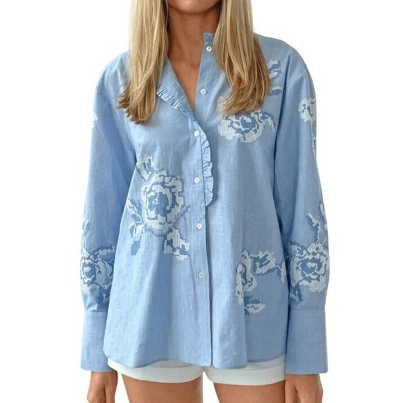 Rose And Rose MILANO Blue Flower Embroidered Shirt, New with tag, Size XL - Picture 1 of 15